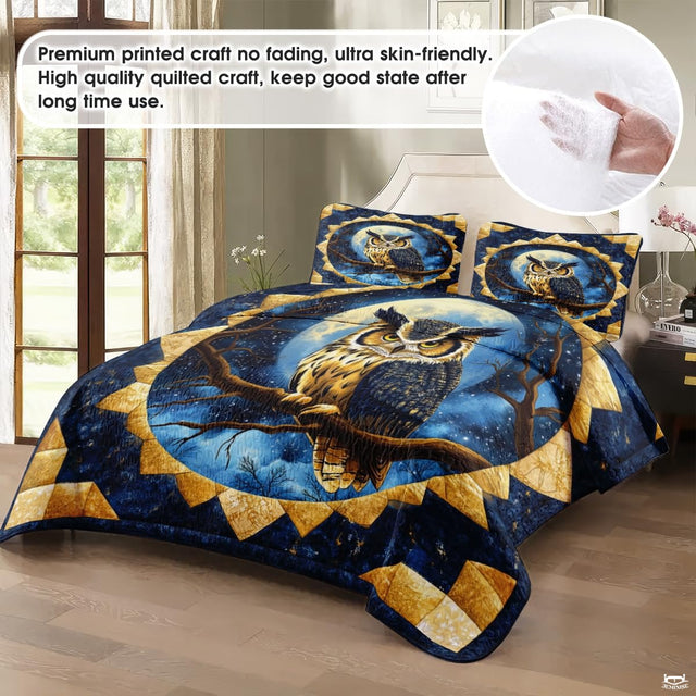 Owl Patchwork Pattern Quilt Set, Animals Quilt Set Style, Owl Nights Patchwork Bedding Bedspread, Owls Bedding Full Queen King Size for Bedroom
