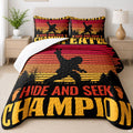 Retro Bigfoot bedding set featuring a striped sunset gradient over a silhouetted pine tree forest.