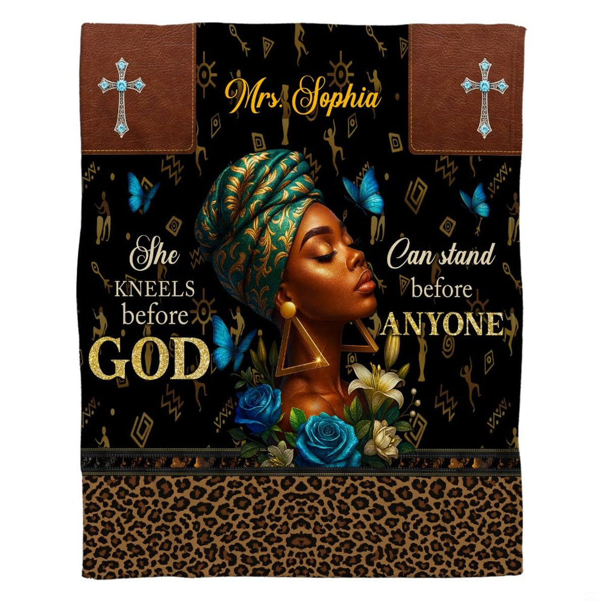 Lifestyle display of a person resting with the spiritual portrait throw blanket.