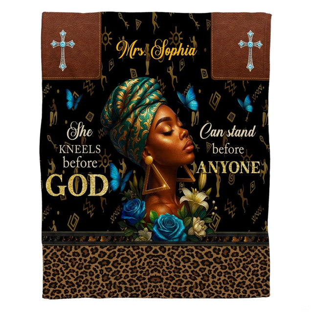 Lifestyle display of a person resting with the spiritual portrait throw blanket.