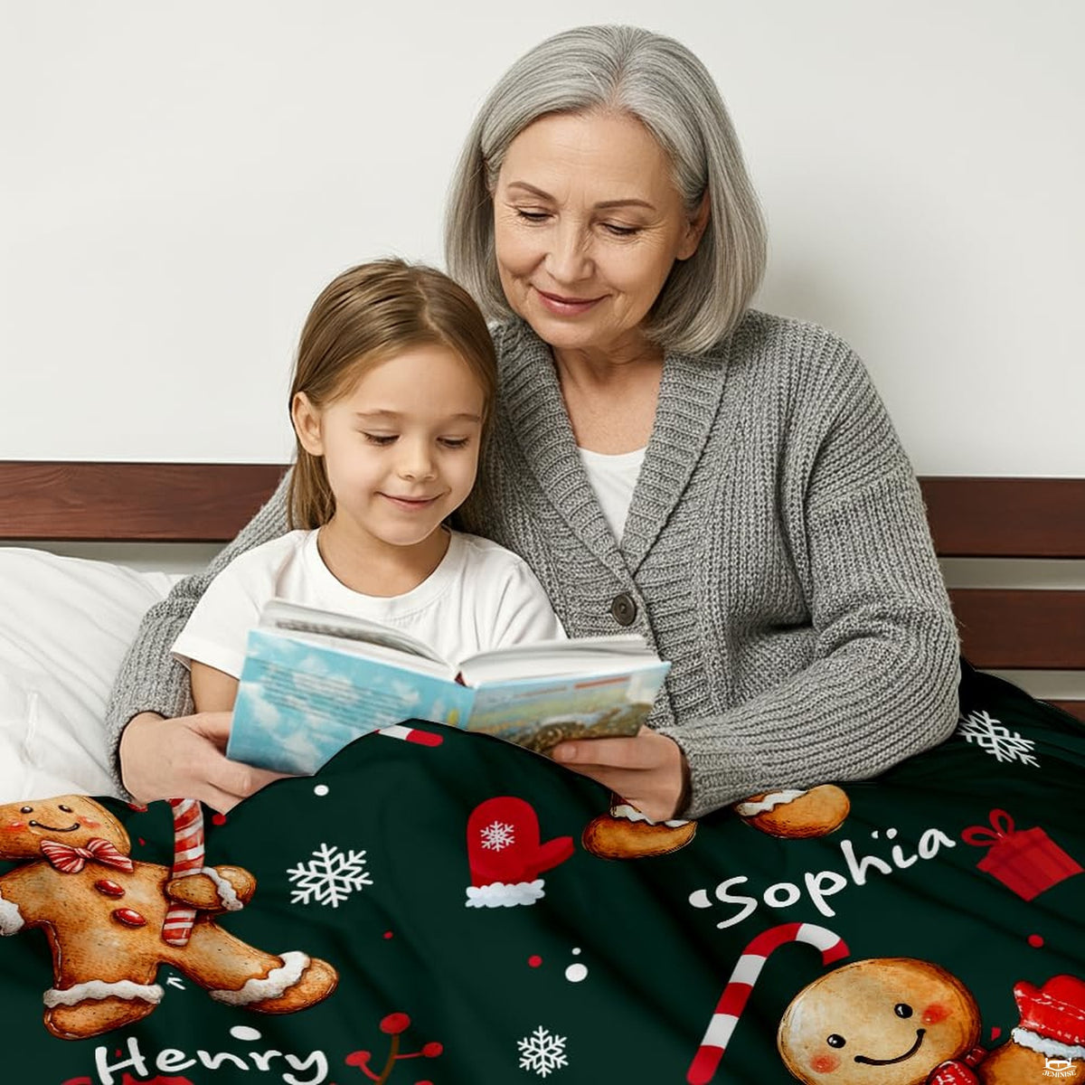 Living room holiday display showing the gingerbread throw blanket styled in a seasonal interior.