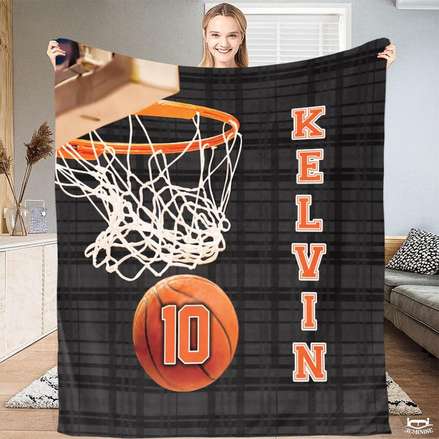 Personalized Basketball Ball Below Net Blanket with Name and Number
