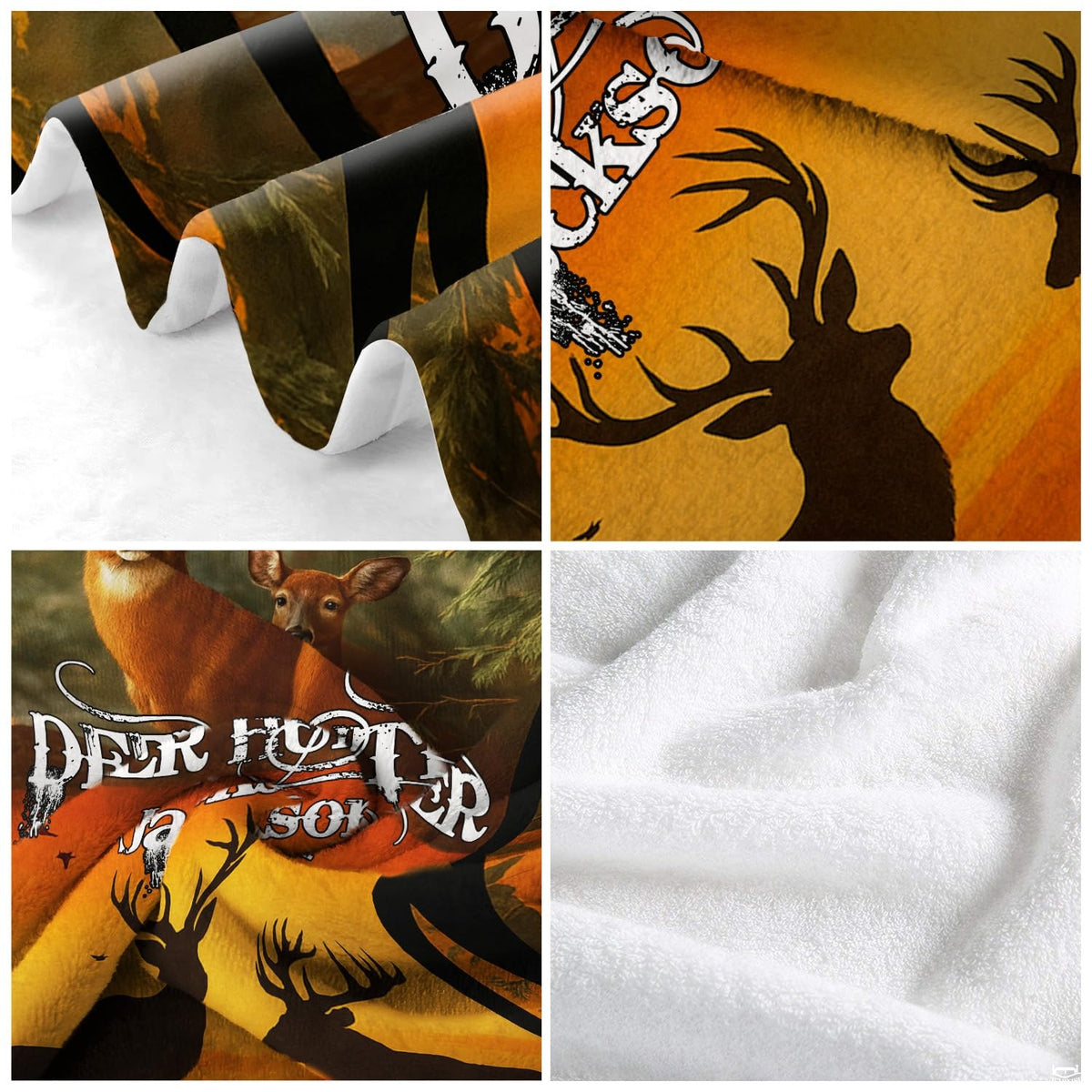 Four-panel close-up view showing textile pile, printed detail, and edge finishing.