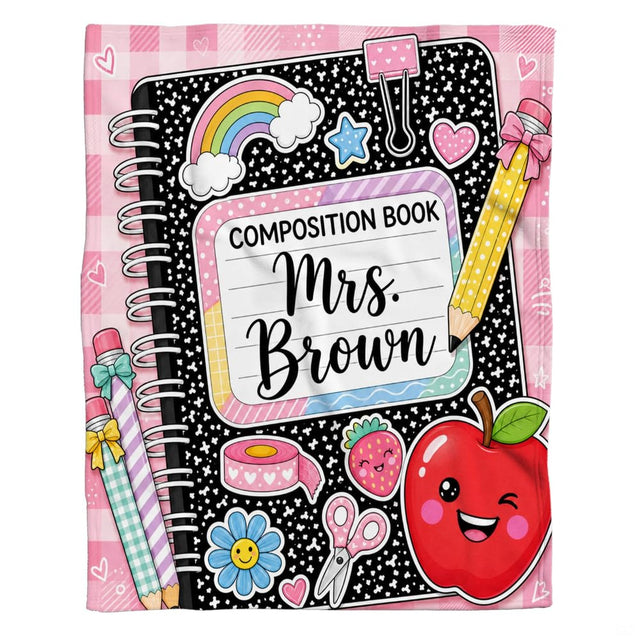 Pastel schoolhouse aesthetic bedding with yellow pencil doodles, sweet ribbon bows, and floating star graphics.