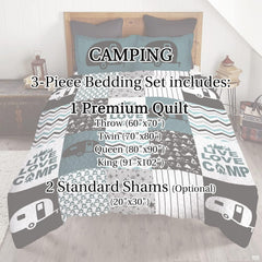 Stylized patchwork bedding set featuring scenic retro camper prints and dark teal forest illustrations.
