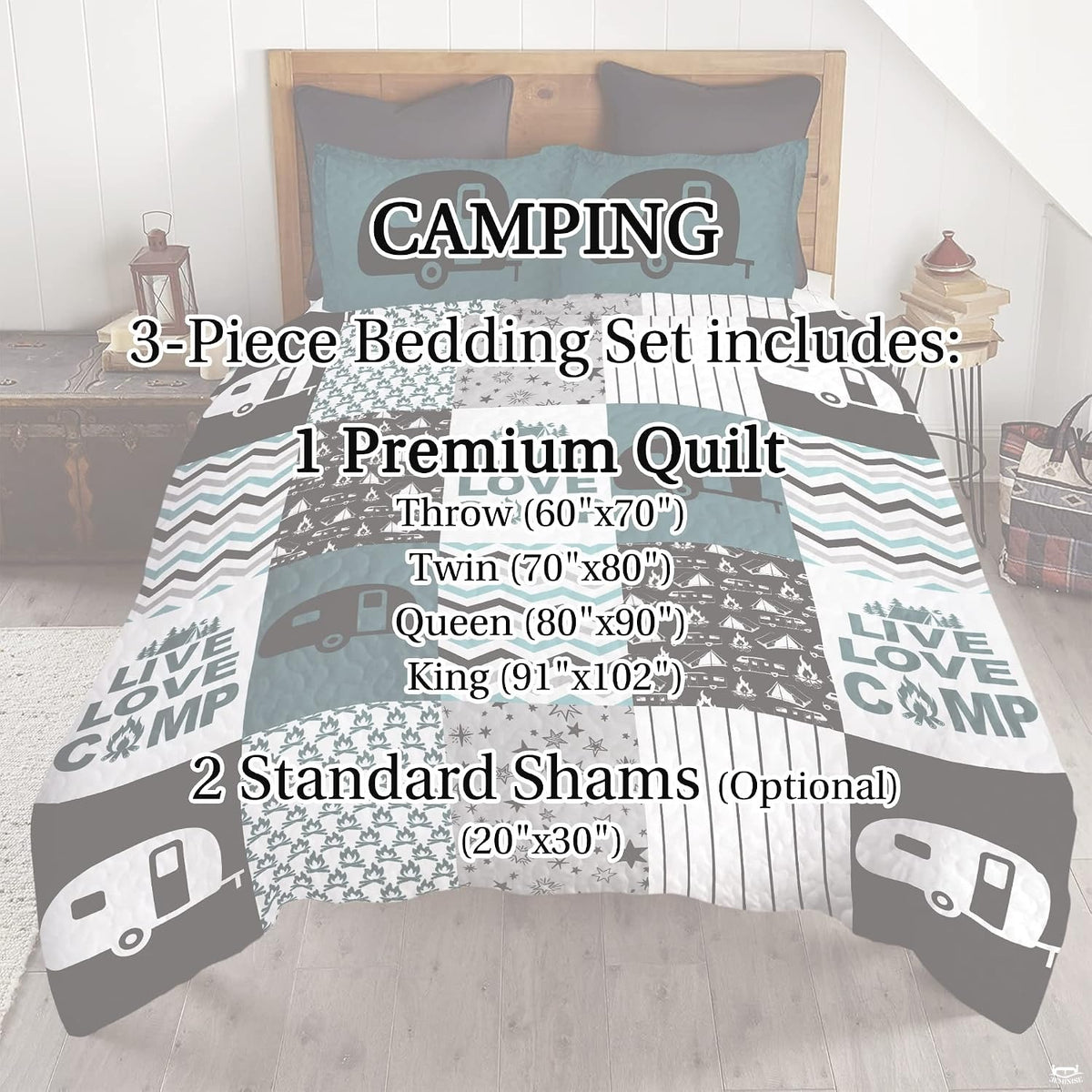 Stylized patchwork bedding set featuring scenic retro camper prints and dark teal forest illustrations.