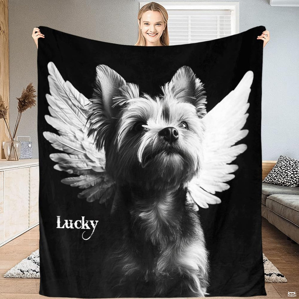 Detailed view of feathered angel wings and lifelike canine portrait on monochromatic pet bedding design.