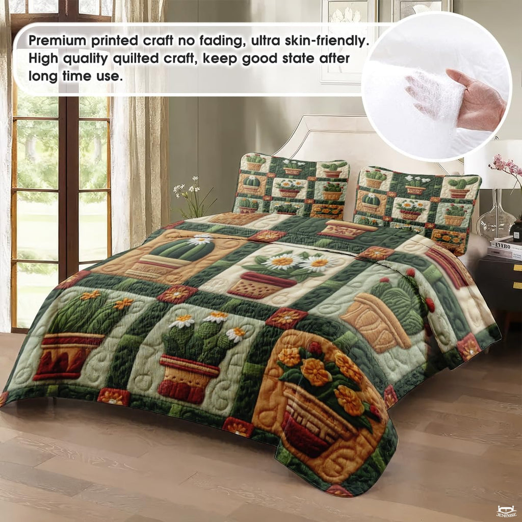 Desert Cactus Printed Quilt Set, Vibrant Cactus & Flower Quilt Bedspread Set – Colorful Bedding for Bedroom, Cozy Throw Quilt for Spring Summer Décor (Style #12)