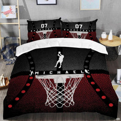 Close-up perspective of sports bedding detailing white net cords, pebbled ball grain, and red color blocking