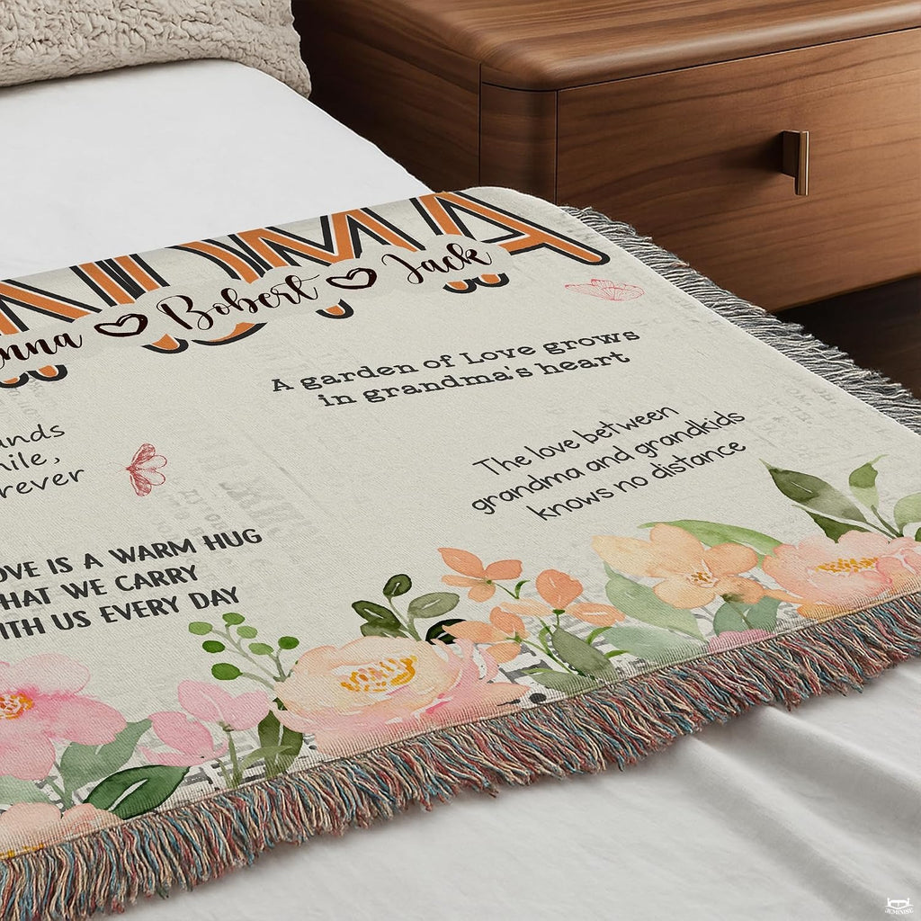 Grandma botanical floral garden family tribute blanket showing watercolor peach peonies view 3