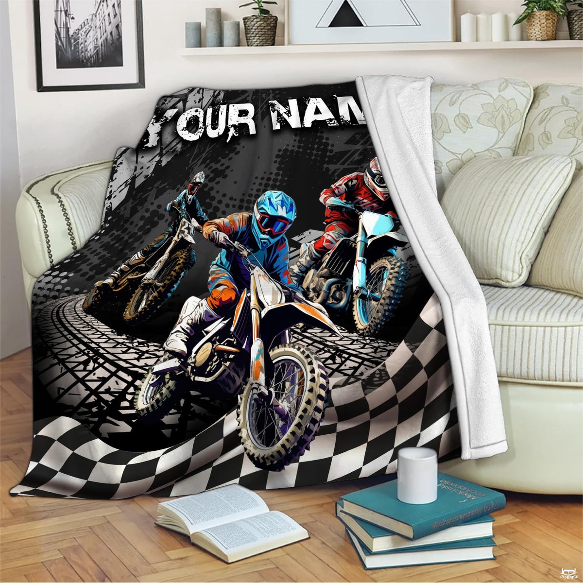 Motocross dirt bike racing throw blanket view 2 styled on living room couch in modern home