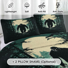 Matching pillow sham detail for Bigfoot bedding set displaying sunset cryptid artwork in bedroom setting