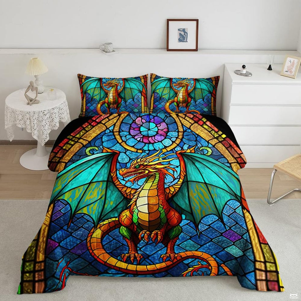 Cyan turquoise dragon fantasy mythical bedding set displayed neatly on a bed in an adventurous bedroom