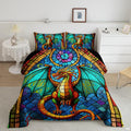 Cyan turquoise dragon fantasy mythical bedding set displayed neatly on a bed in an adventurous bedroom