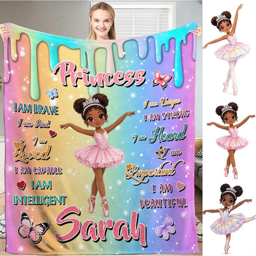 African American cartoon ballerina princess dancing in pink tutu with affirmations, view 1.