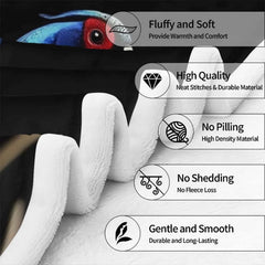 Detailed wing pattern and fanned tail accents on bird bedding motif.