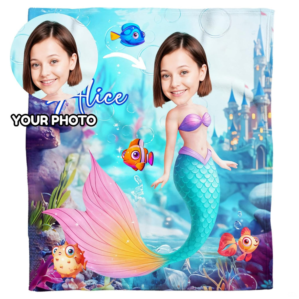 Mermaid princess ocean castle blanket draped over modern living room chair