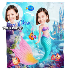 Mermaid princess ocean castle blanket draped over modern living room chair