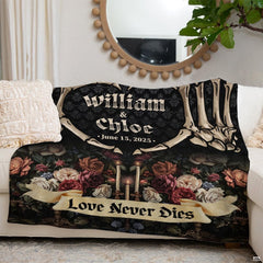 Detailed gothic floral bedding artwork showcasing antique candles and rose blooms.