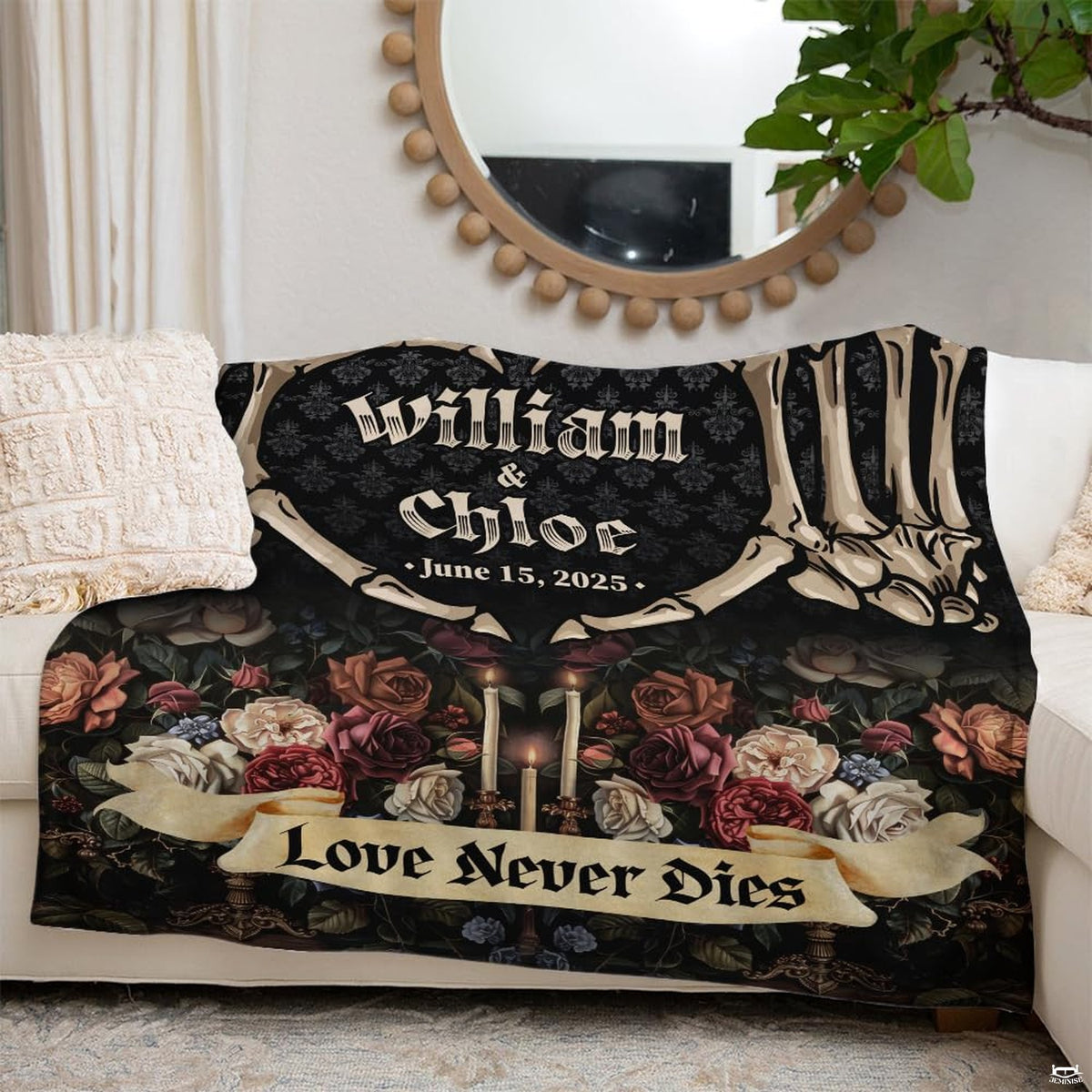 Detailed gothic floral bedding artwork showcasing antique candles and rose blooms.