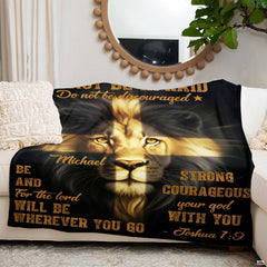 Devotional lion throw blanket arranged over indoor seating beneath an ornamental wall mirror.
