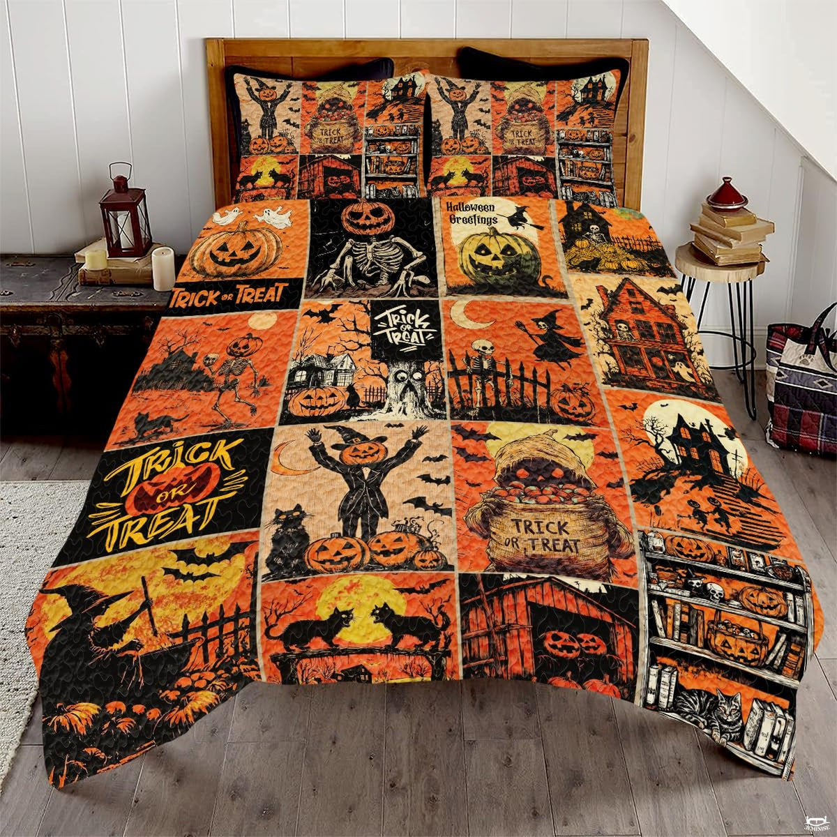 Vintage Halloween bedding featuring a collage of retro storybook panels with pumpkins, witches, and haunted houses
