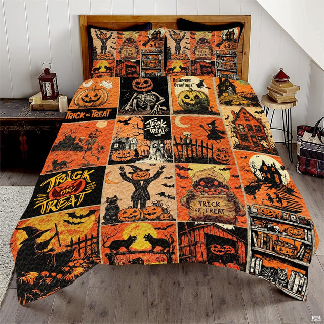 Vintage Halloween bedding featuring a collage of retro storybook panels with pumpkins, witches, and haunted houses