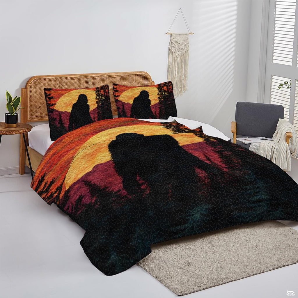 Overhead perspective of Bigfoot bedding arranged neatly across an outdoor themed bedroom mattress