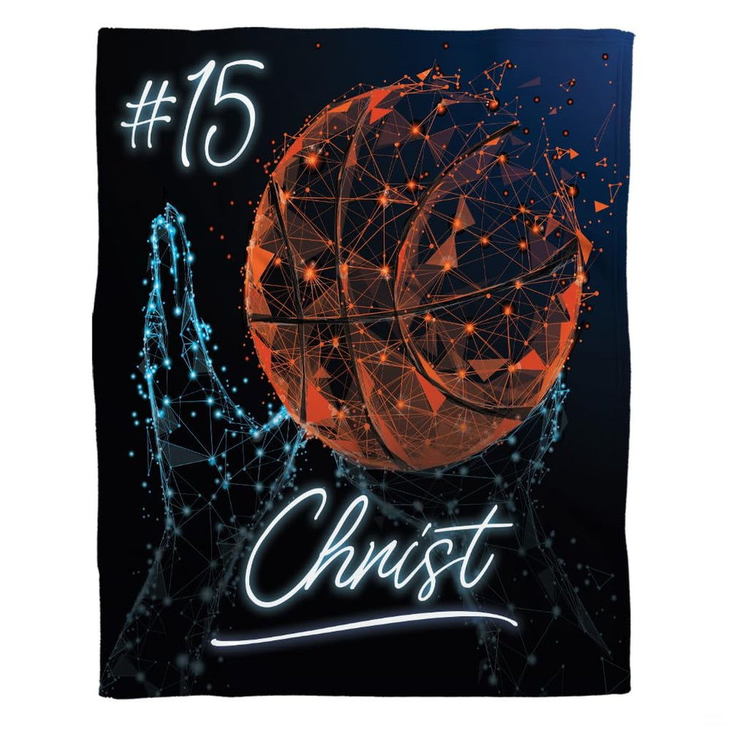 Geometric wireframe basketball hands throw blanket with glowing amber ball and cyan wireframe on black