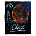 Geometric wireframe basketball hands throw blanket with glowing amber ball and cyan wireframe on black