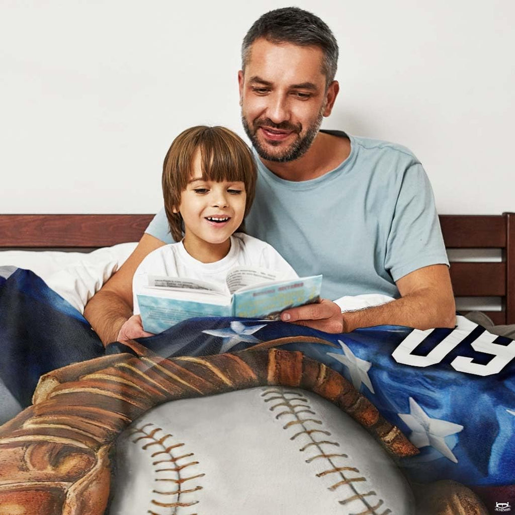 Baseball glove patriotic american flag blanket draped on lounge chair