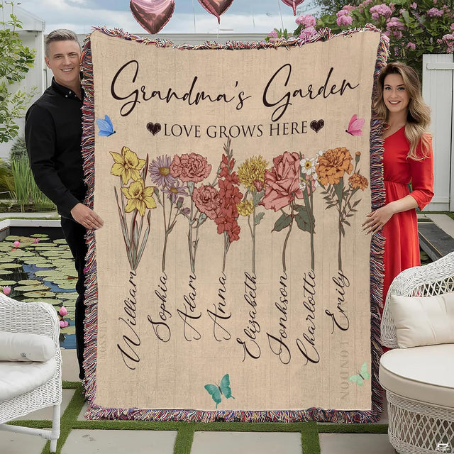 Full outdoor view of fringed botanical throw blanket showing birth month wildflowers and name stems.