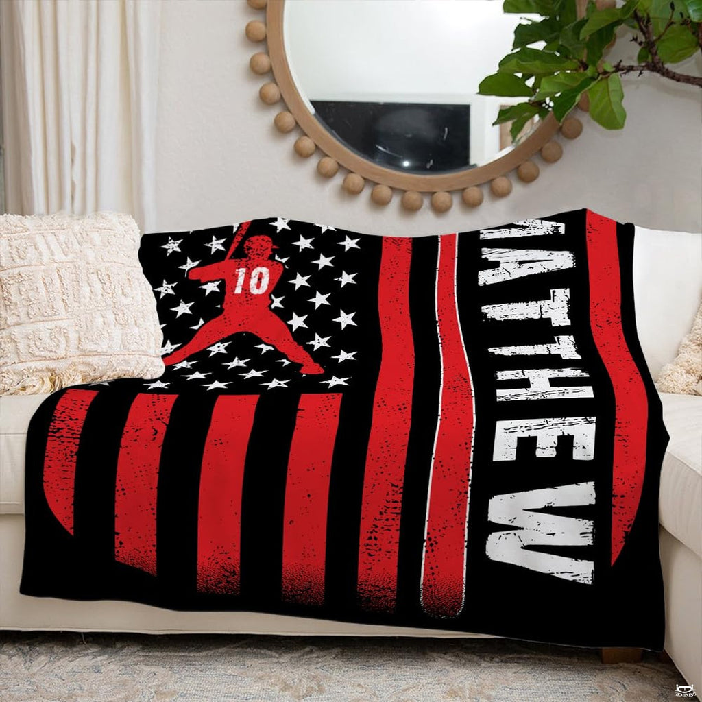 Baseball batter American flag throw blanket view 6 highlighting red flag stripes, stars, and room styling