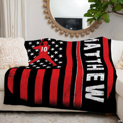 Baseball batter American flag throw blanket view 6 highlighting red flag stripes, stars, and room styling