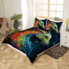 Close-up perspective of fantasy bedding detailing lime dragon head, vibrant orange mane, and turquoise scale textures