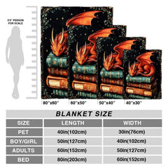 Overhead presentation of dark fantasy books and red dragon blanket