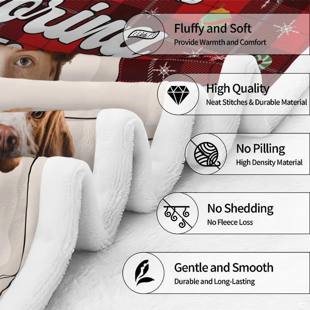 Christmas pet family throw blanket view 7 highlighting couple and pet portraits, bedtime pillows, and red plaid