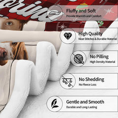 Christmas pet family throw blanket view 7 highlighting couple and pet portraits, bedtime pillows, and red plaid