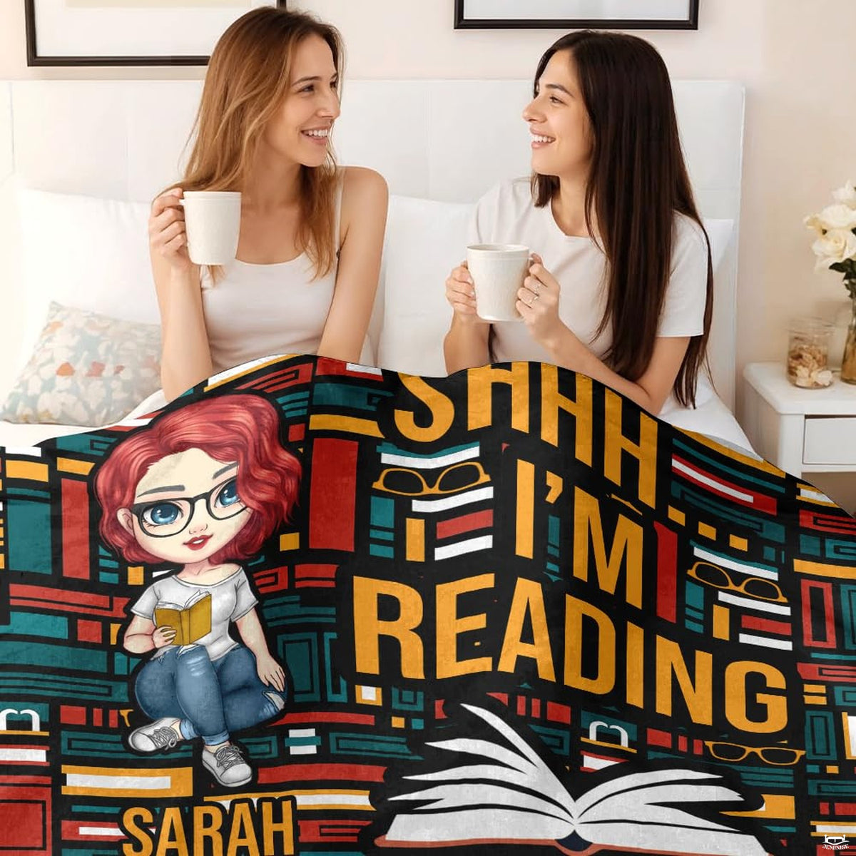 Close-up shot of cartoon reader girl wearing spectacles on literary throw blanket.