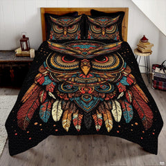 Nocturnal horned owl midnight wildlife bedding set displayed neatly on a bed in a rustic bedroom