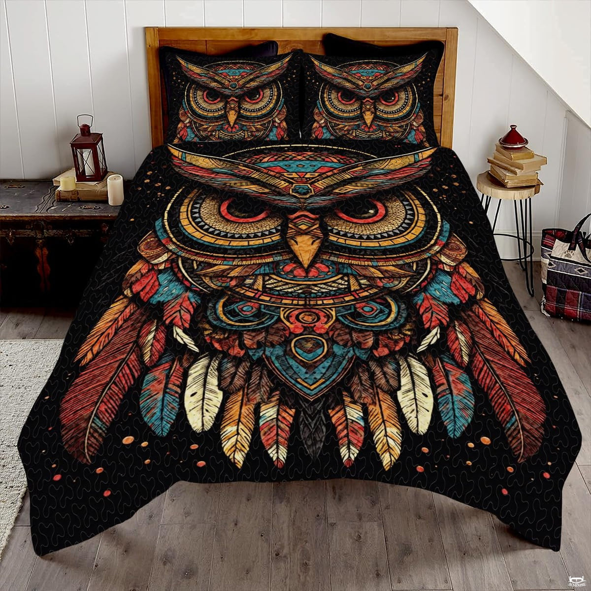 Nocturnal horned owl midnight wildlife bedding set displayed neatly on a bed in a rustic bedroom