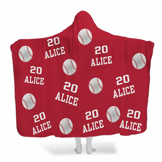 Crimson red baseball pattern hooded blanket with repeated white baseballs and varsity lettering