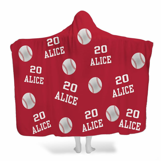 Crimson red baseball pattern hooded blanket with repeated white baseballs and varsity lettering