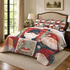 Vintage holiday bedding motif displaying gnomes in tall patterned hats with snowflakes and seasonal botanicals.