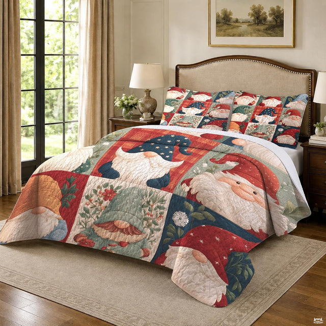 Vintage holiday bedding motif displaying gnomes in tall patterned hats with snowflakes and seasonal botanicals.