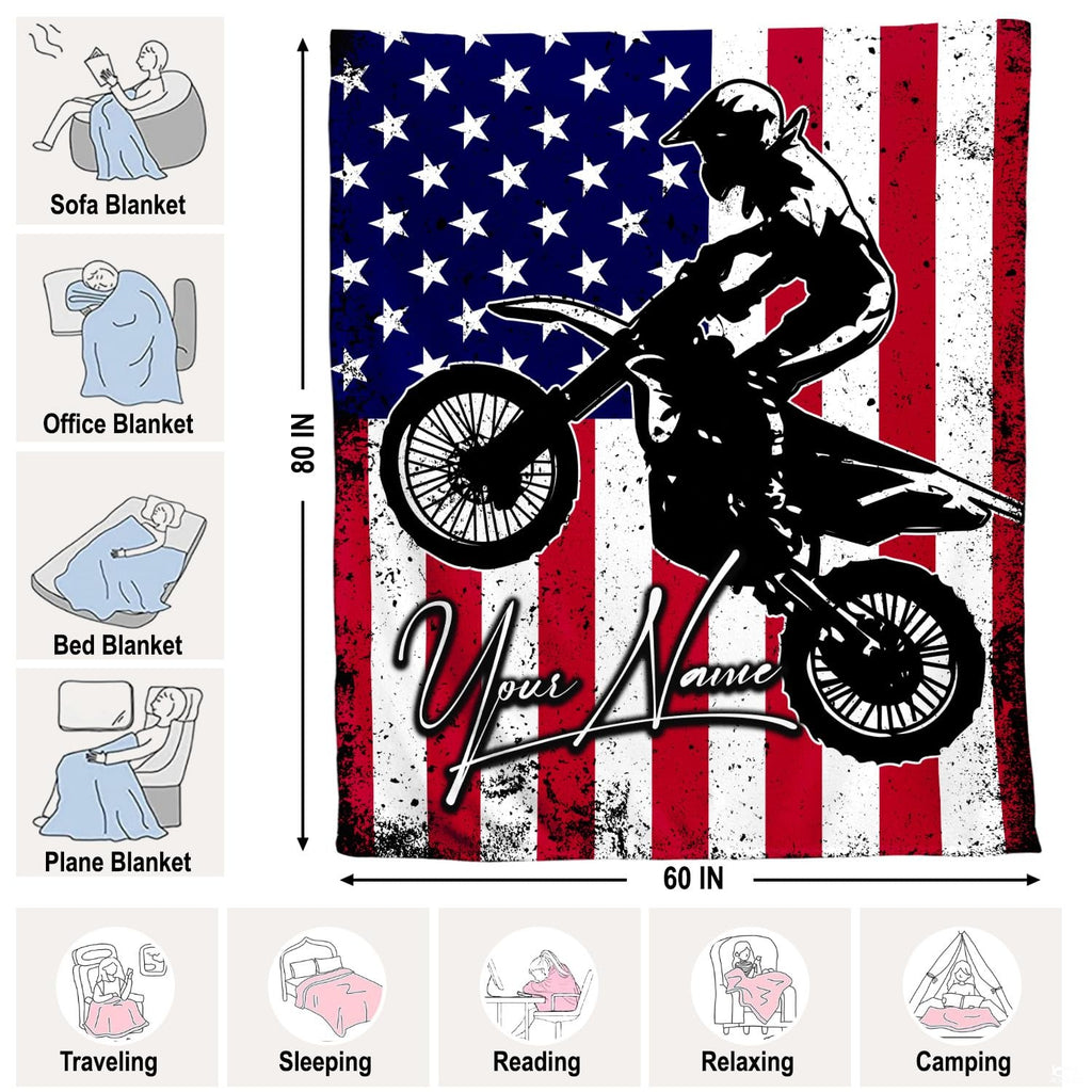 Dirt bike rider silhouette jumping over distressed American flag stars and stripes, view 4.
