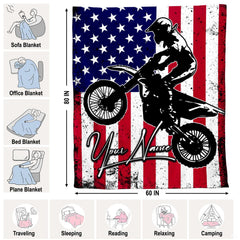 Dirt bike rider silhouette jumping over distressed American flag stars and stripes, view 4.