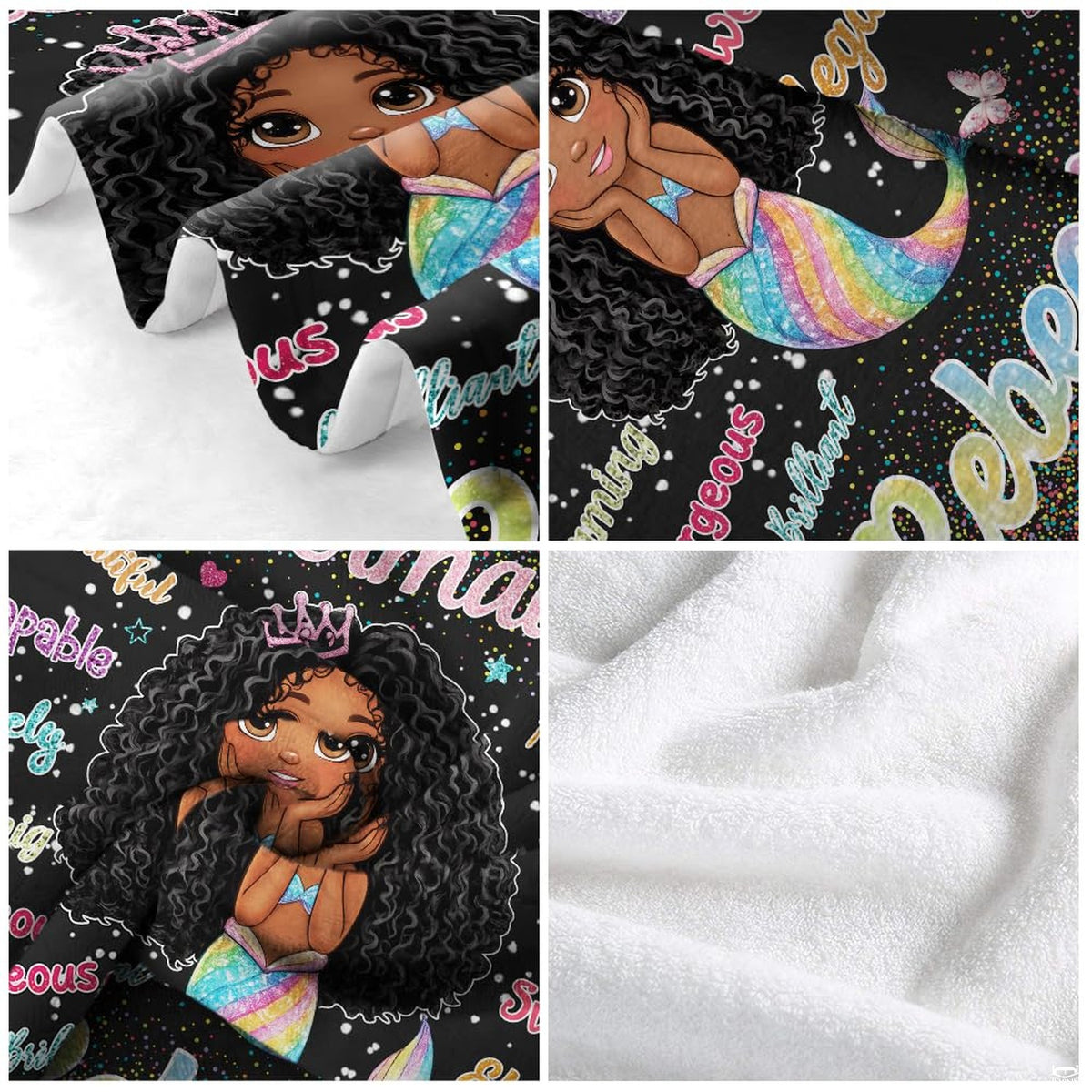 African American cartoon mermaid princess with rainbow fin and colorful confetti on black, view 2.