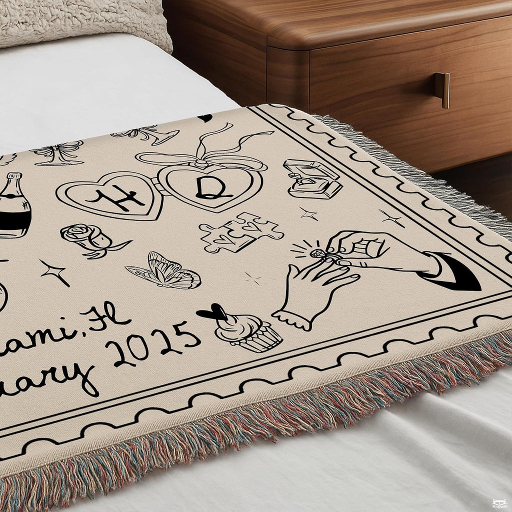Outdoor patio lounge displaying the charming wedding doodle postage stamp throw blanket