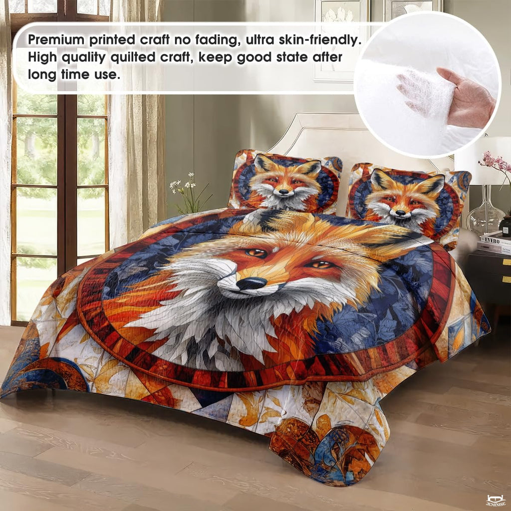 Fox Patchwork Pattern Quilt Set, Animal Quilt Set Patchwork Style, Premium Quilt Pattern Bedspread for Mom Daughter, Fox Bedding Quilt (Full/Throw/Queen/King/Twin Size)